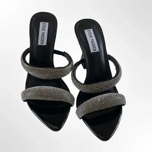 Steve Madden Black Crystal-Embellished Double-Strap Pointed Mule Heels